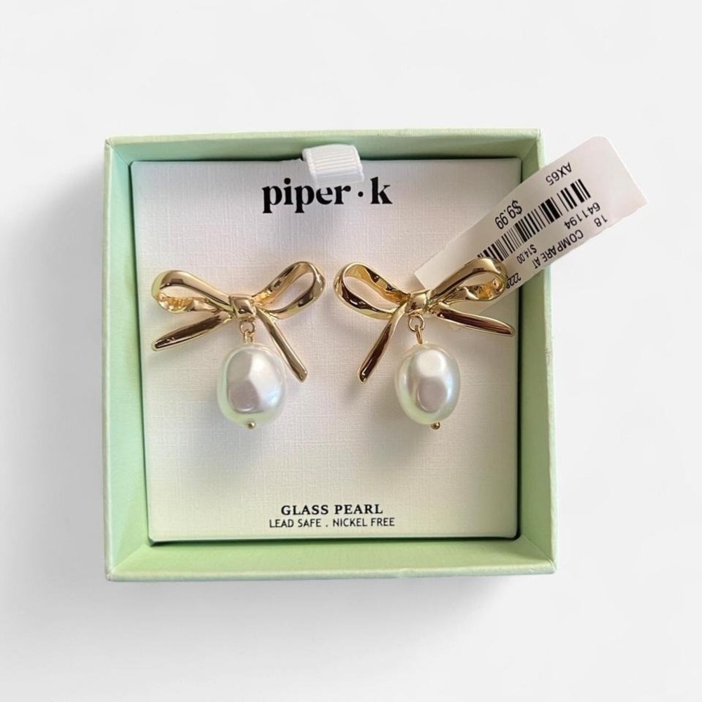 piper•k Gold Bow Drop Earrings with White Glass Pearl